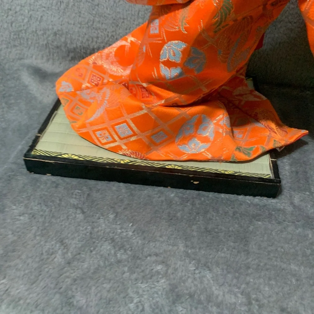 Vintage Japanese Geisha Doll Orange Silk Brocade Kimono Tatami Base 17 Inch